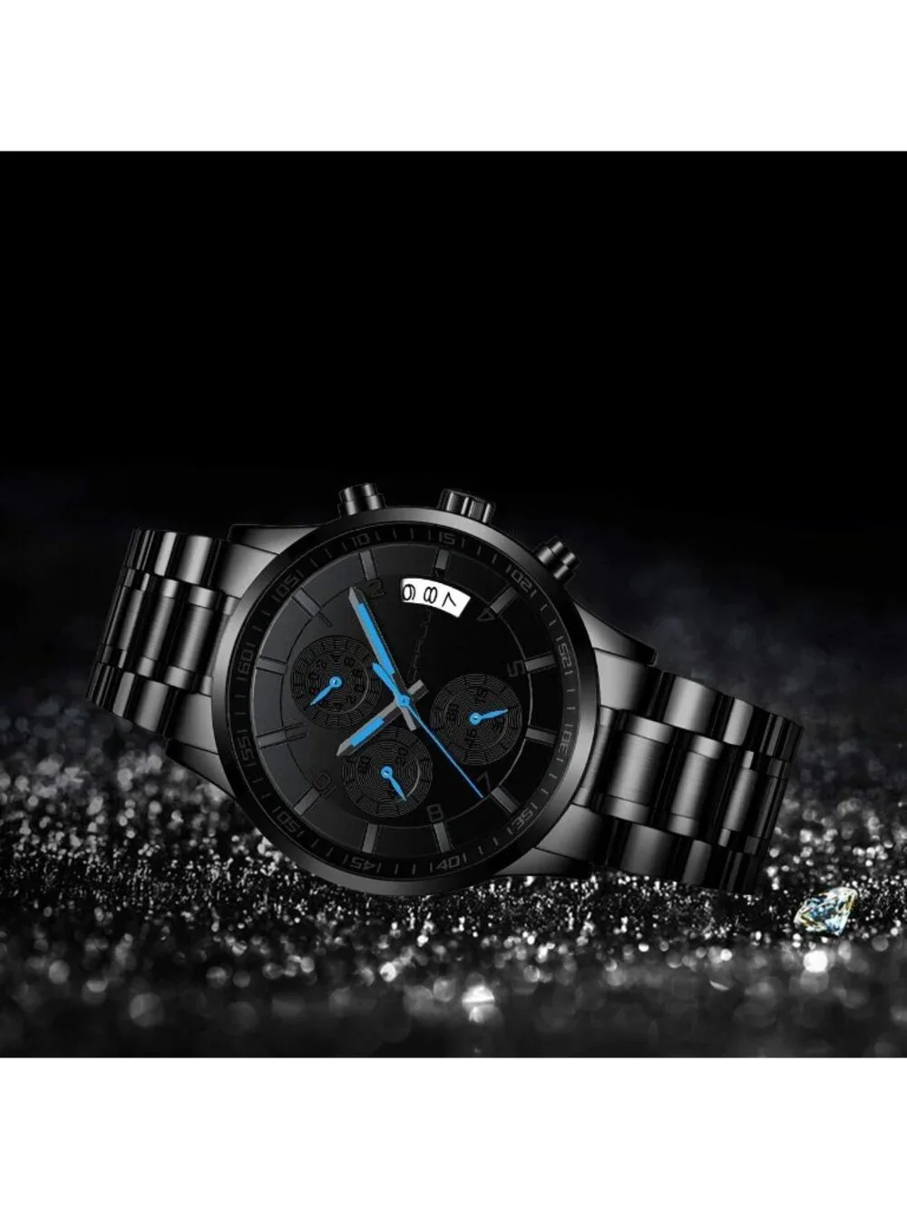 Men's Black And Blue Analog Stainless Steel Waterproof Chronograph Wrist Watch